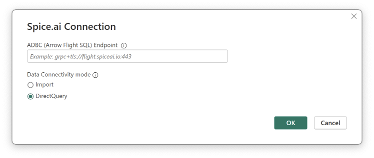 Spice.ai Connection Dialog